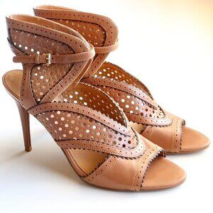 Nine West Danyell  Tan / Caramel Leather Laser Cut Peep Toe Sandals / Heels 6.5